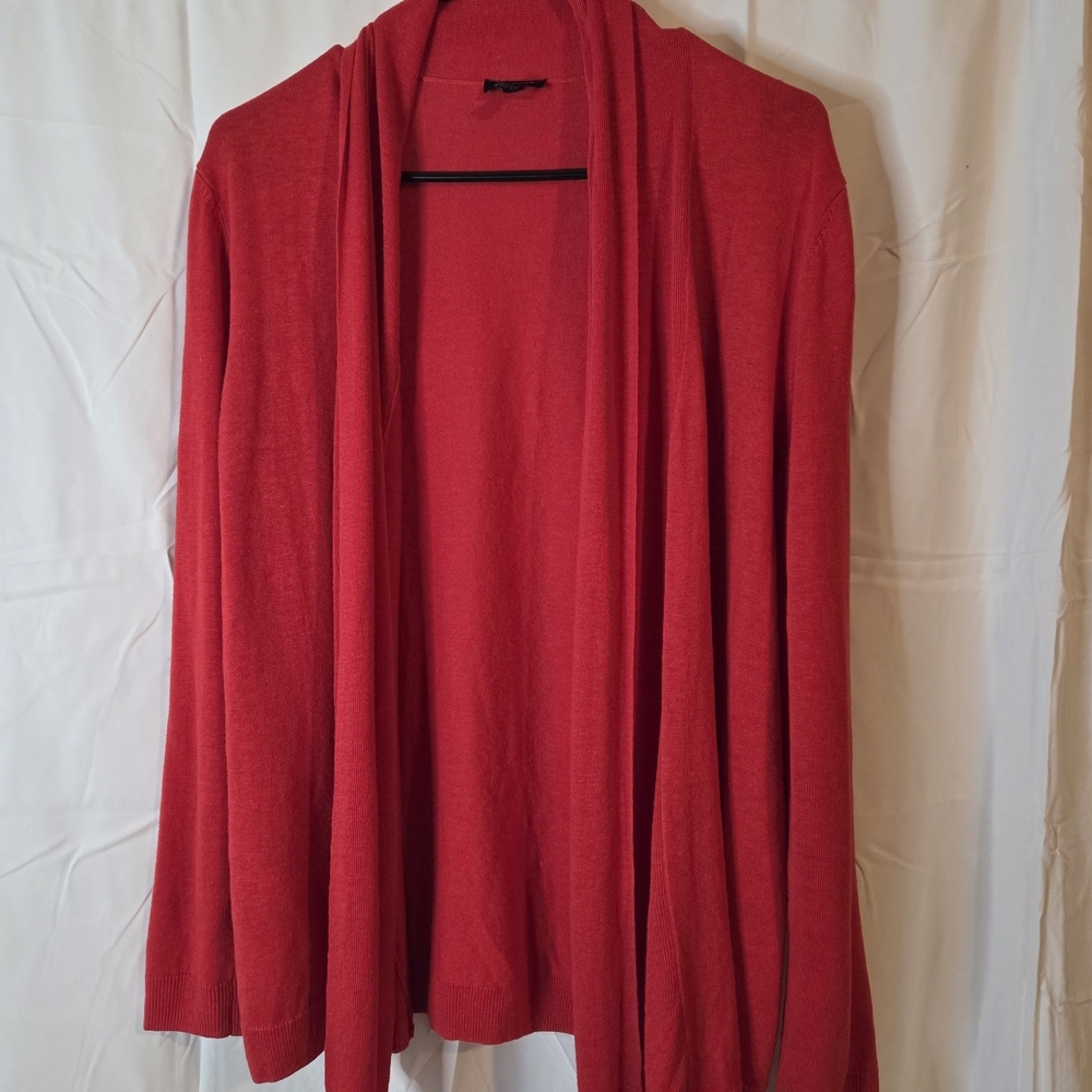 Talbots Vibrant Red Open Front Linen Blend Draped Cardigan Size L